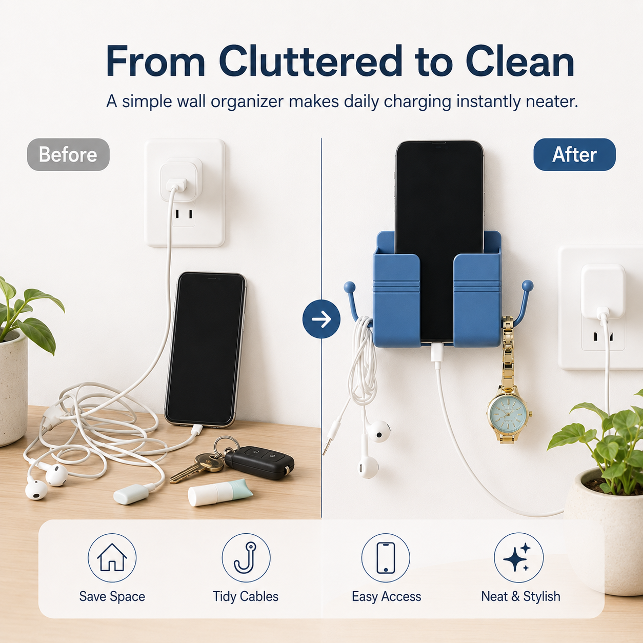 No-Drill Wall Mount Storage Box for Phone Charging