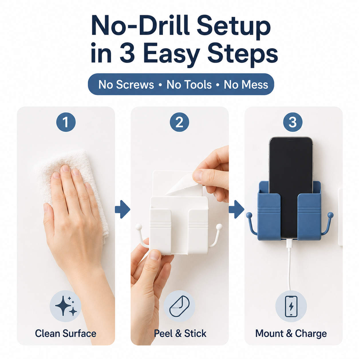 No-Drill Wall Mount Storage Box for Phone Charging
