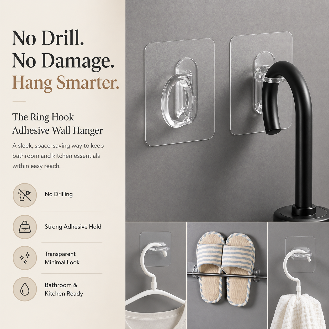 The Ring Hook Adhesive No Drill Wall Hanger for Bathroom & Kitchen